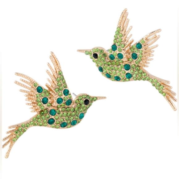 Green Rhinestone Bird Earrings Gold Hummingbird CZ Pave Crystal Birds Post Style - Picture 3 of 9